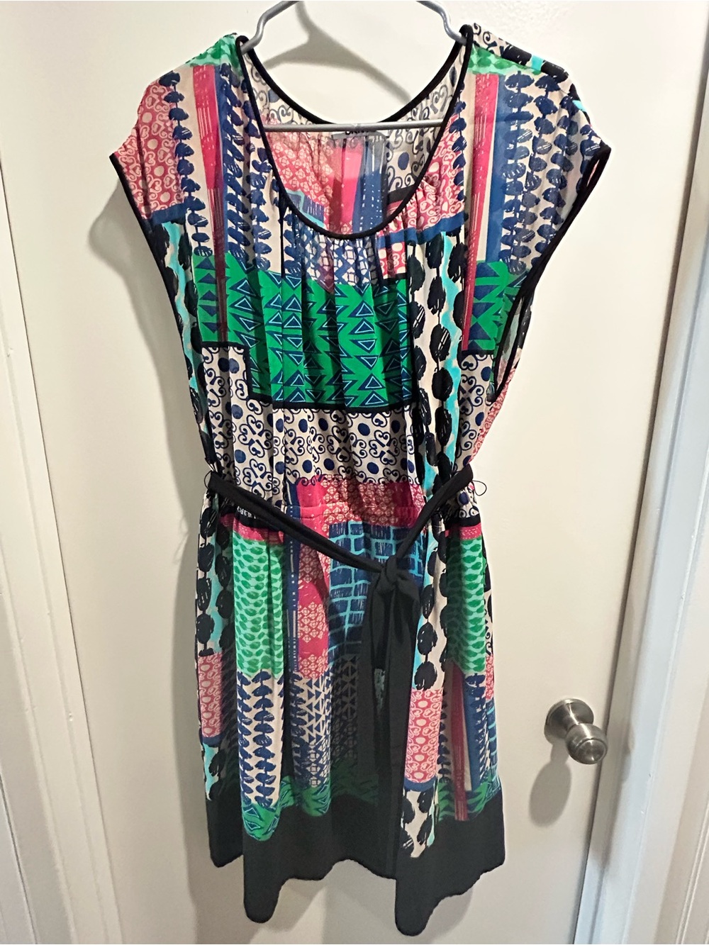 DKNYC Multicolor Geometric Midi Dress with Black Waist Tie